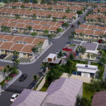 Vista aérea e geral de casas e ruas do residencial Estação Gramado